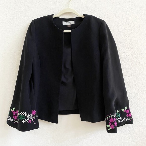 Tahari Black Floral Embroidered Open Front Lined Careerwear Jacket Blazer Sz 6‎ - Picture 1 of 8